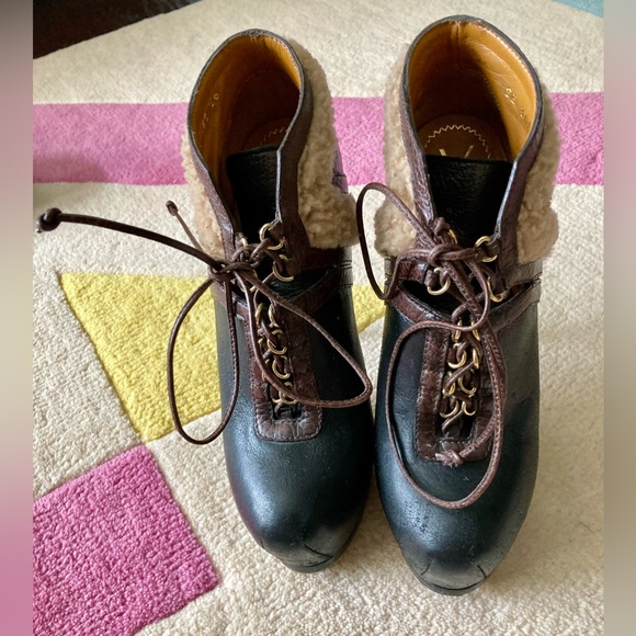 Yves Saint Laurent YSL Black Brown Shearling Trim Tribute Heel Bootie Ankle 36 - Picture 2 of 9